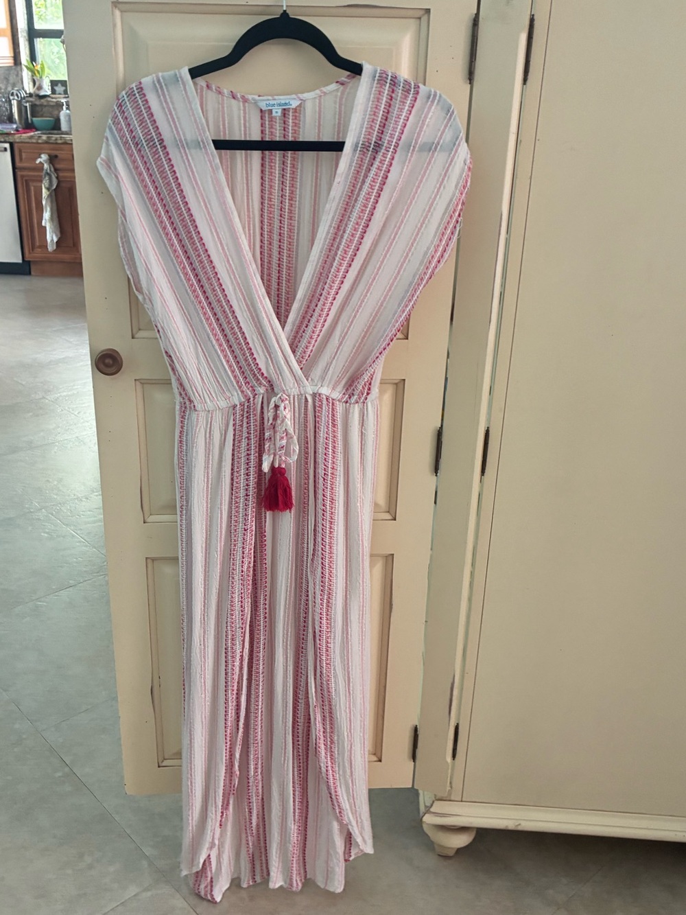 Blue Island Lightweight Pink Stripe V-Neck Maxi Dress with Tassel Tie